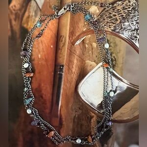 Silpada Three Strand Oxidized Sterling Silver Necklace with Pearls & Gemstones